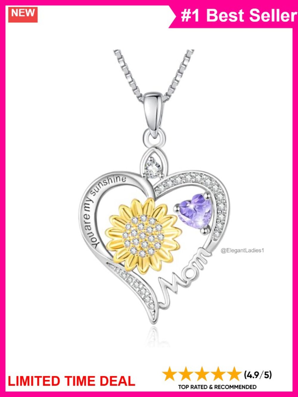 18K White Gold Plated Sunflower Heart Birthstone Pendant Necklace